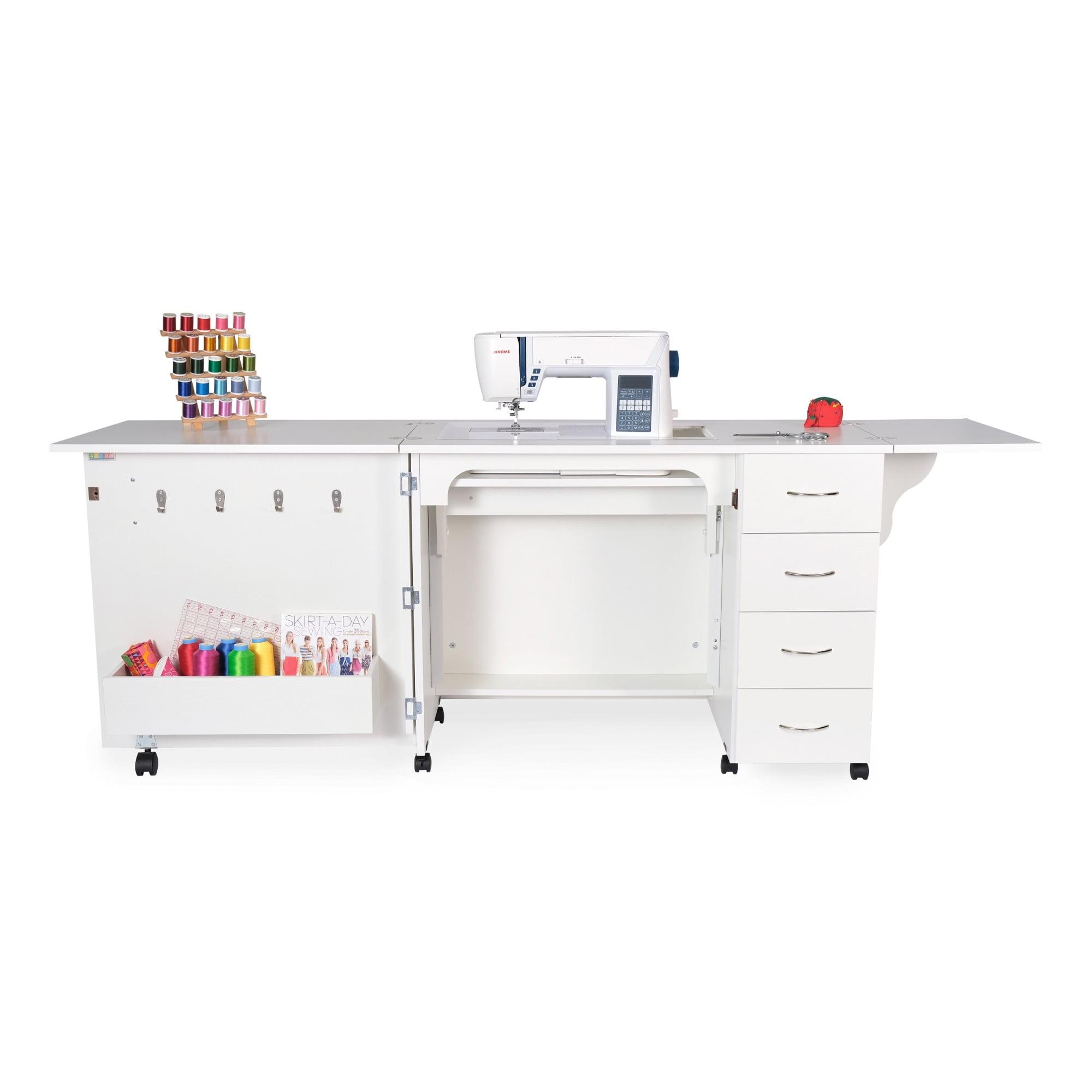 Ash White Foldable Sewing Cabinet with Drawers and Wheels