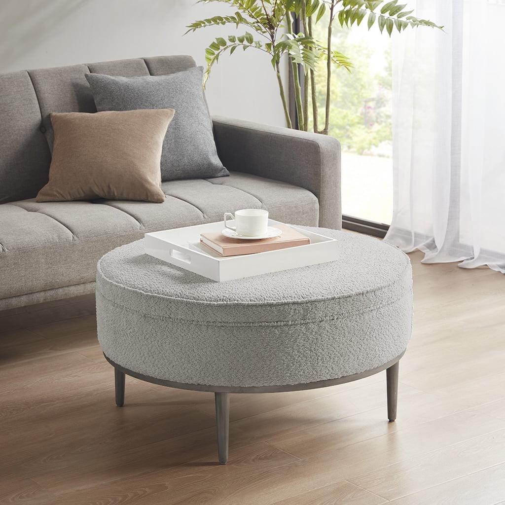 Harriet Gray Upholstered Round Cocktail Ottoman with Metal Base