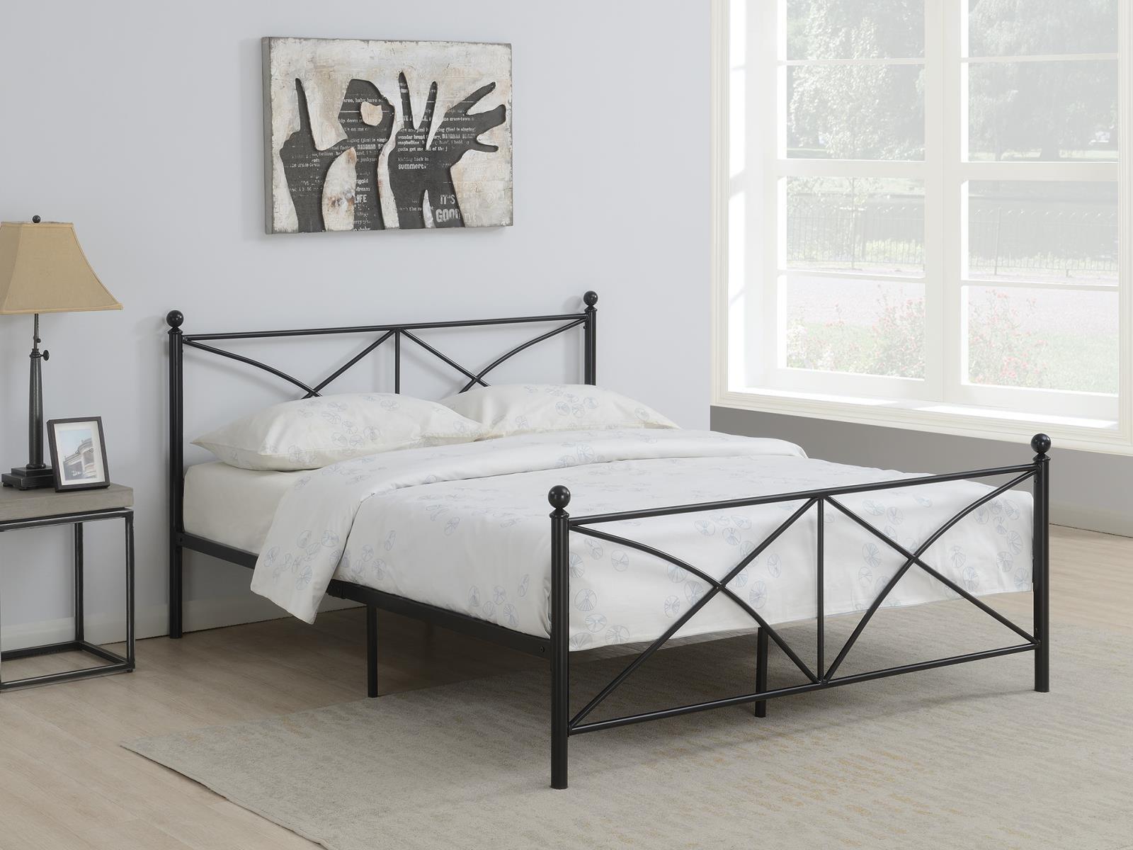 Black Metal Queen Bed with X-Style Headboard and Slats