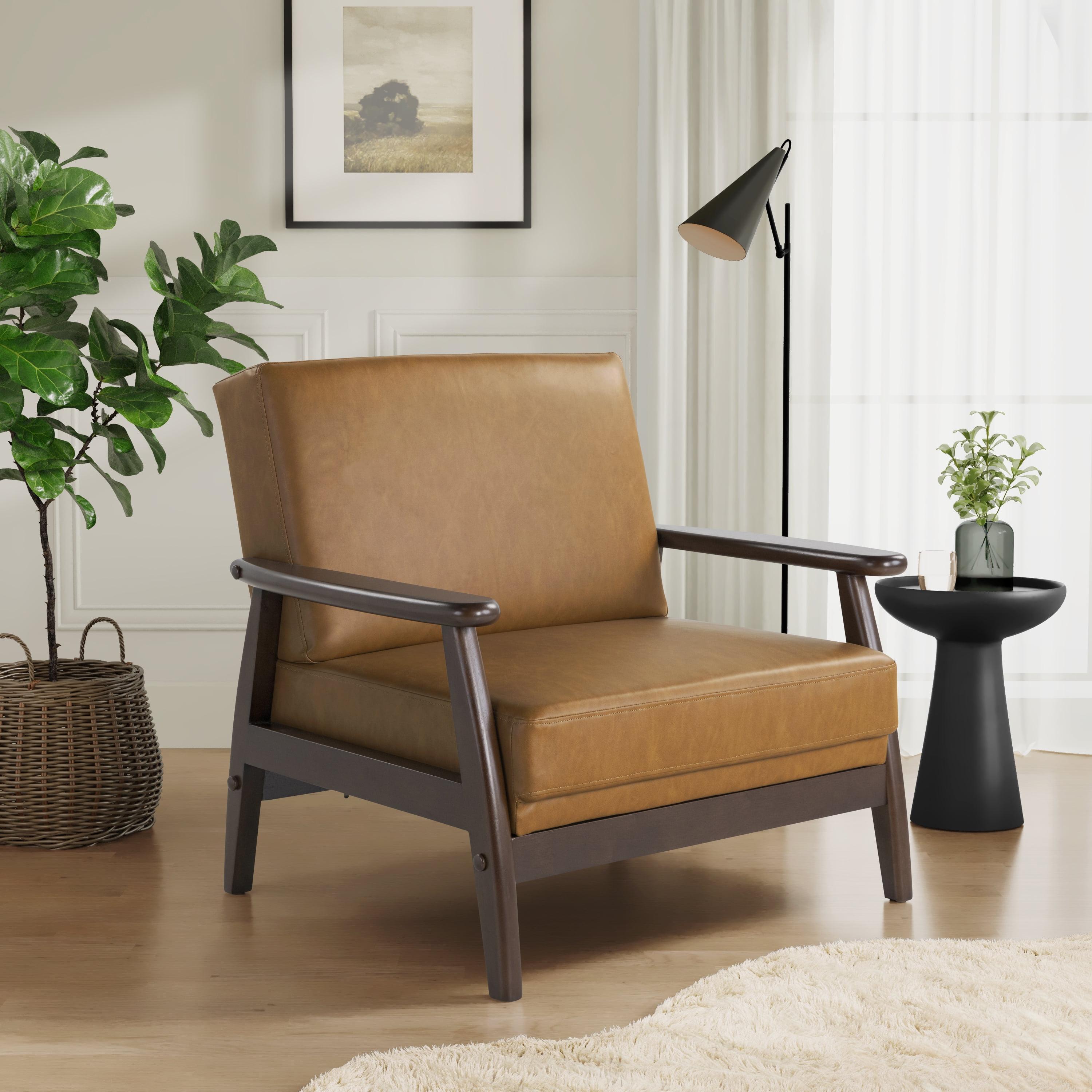 Caramel Faux Leather Barrel Accent Chair with Wood Frame