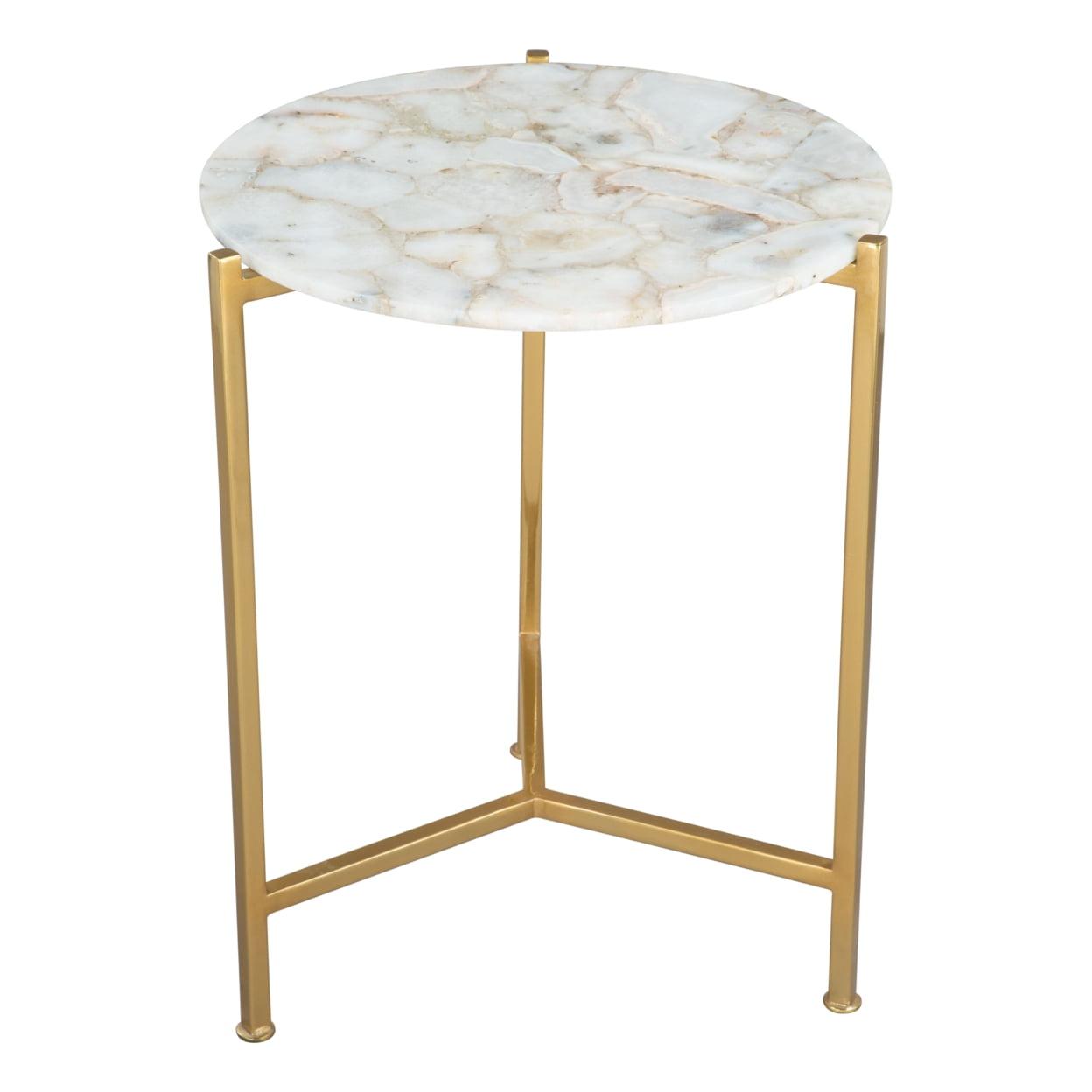 Haru Round Agate Stone Top White & Gold Side Table