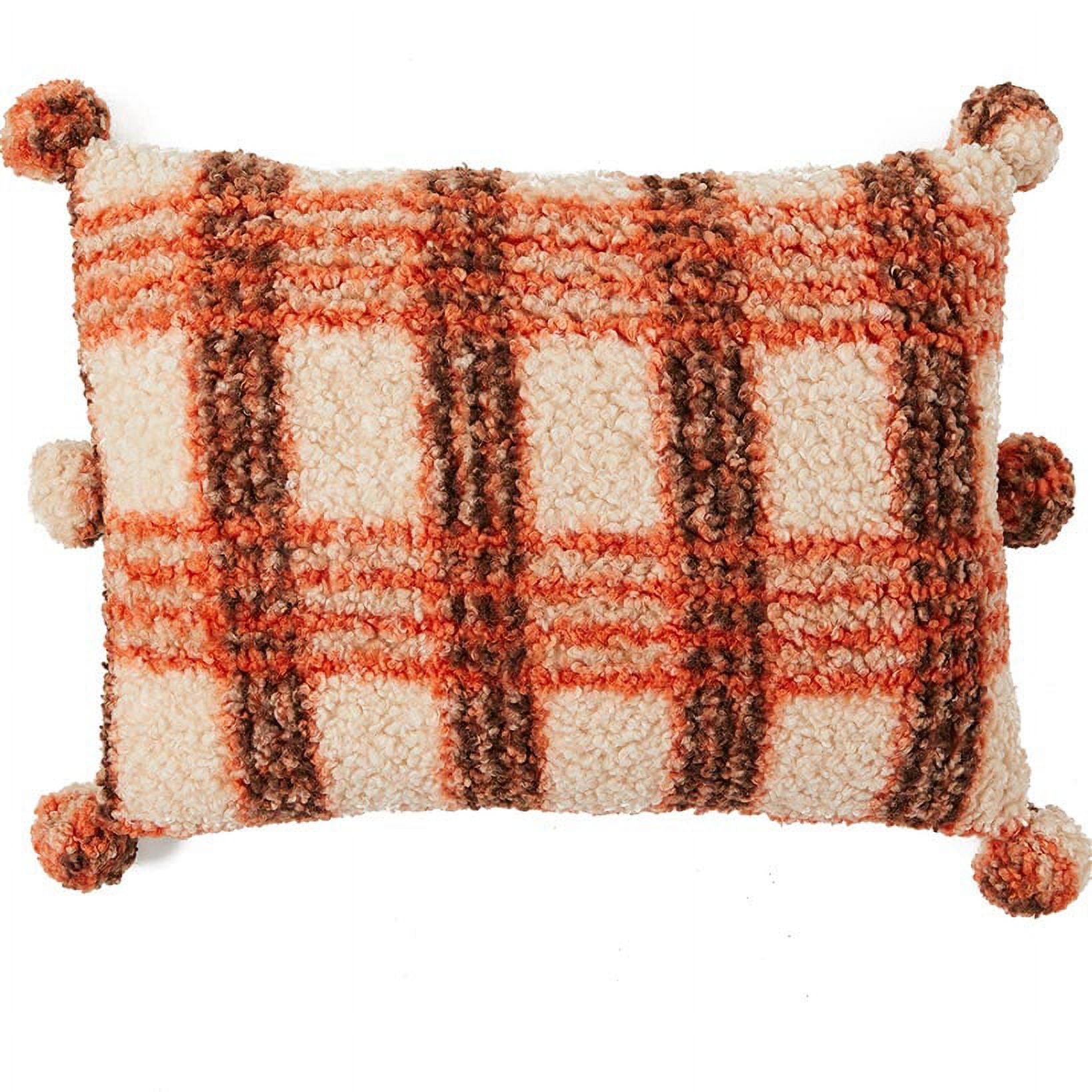 Harvest Plaid Embroidered Throw Pillow with Pom-Poms