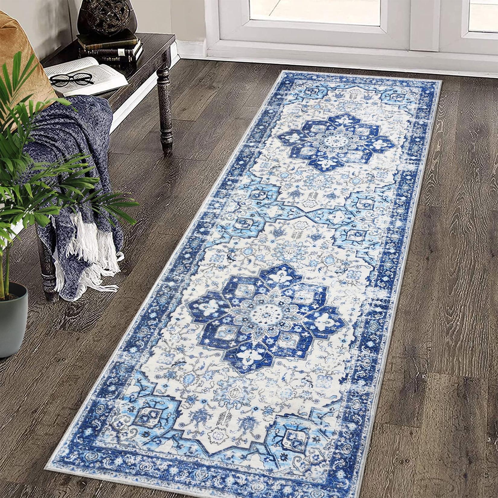 Blue Floral Low Pile Bohemian Runner Rug