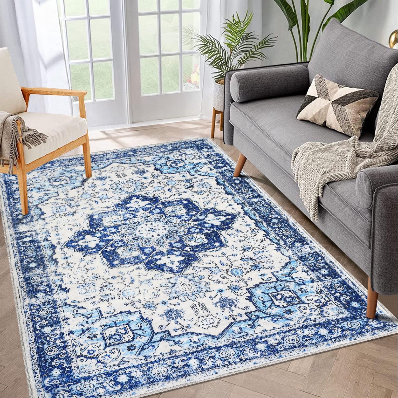 Hasoo 3' x 5' Area Rug Medallion Print Distressed Entryway Rug Persian Soft Foldable Accent Rug for Bedroom Living Room, Blue