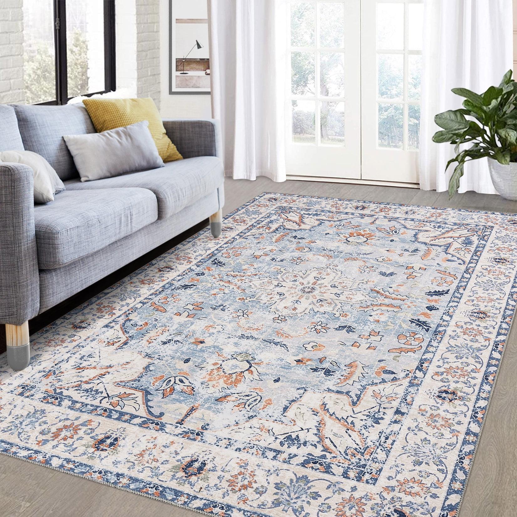 Hasoo 9' x 12' Modern Large Area Rug Stain Non-Shedding Low-Pile Distressed Area Rug Carpet for Living Room Bedroom, Light Blue