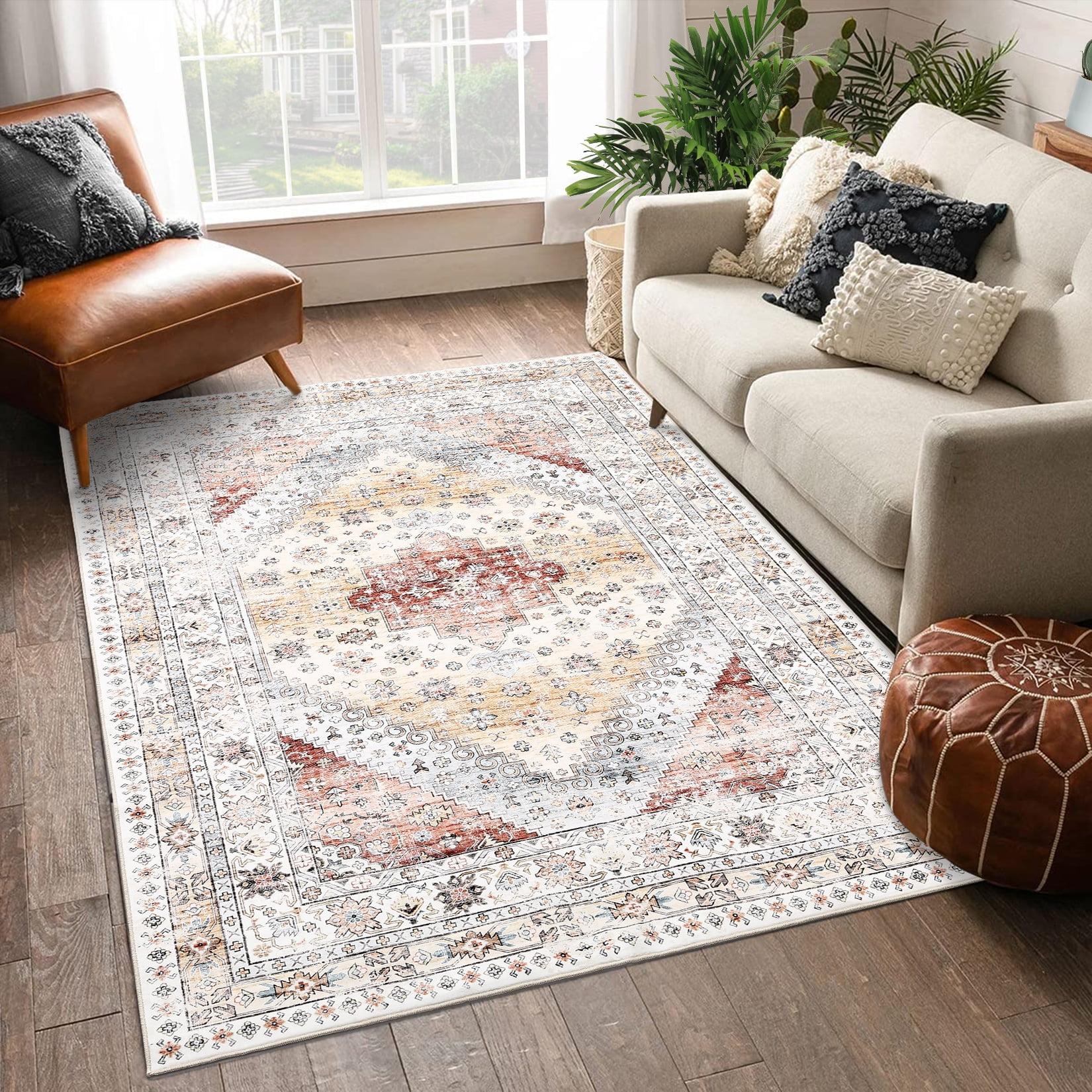 Boho Vintage Floral Area Rug, Low Pile Ultra Soft Machine Washable Carpet