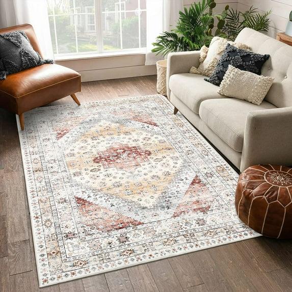 Boho Vintage Floral Area Rug, Low Pile Ultra Soft Machine Washable Carpet