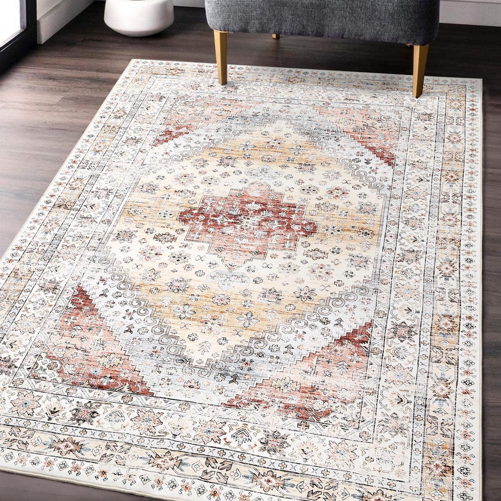 Boho Vintage Floral Area Rug, Low Pile Ultra Soft Machine Washable Carpet