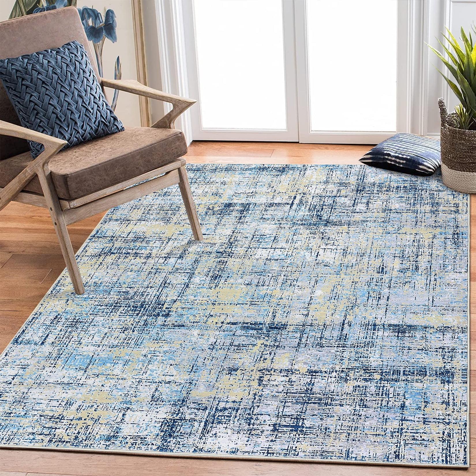 Ink Blue Abstract Washable 9' x 12' Synthetic Area Rug