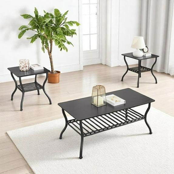 Tcbosik 3 Pieces Living Room Table Set, 40" Rectangle Coffee Table with 2 Square Side Table, Coffee Table Set with Open Shelf for Home Office, Black