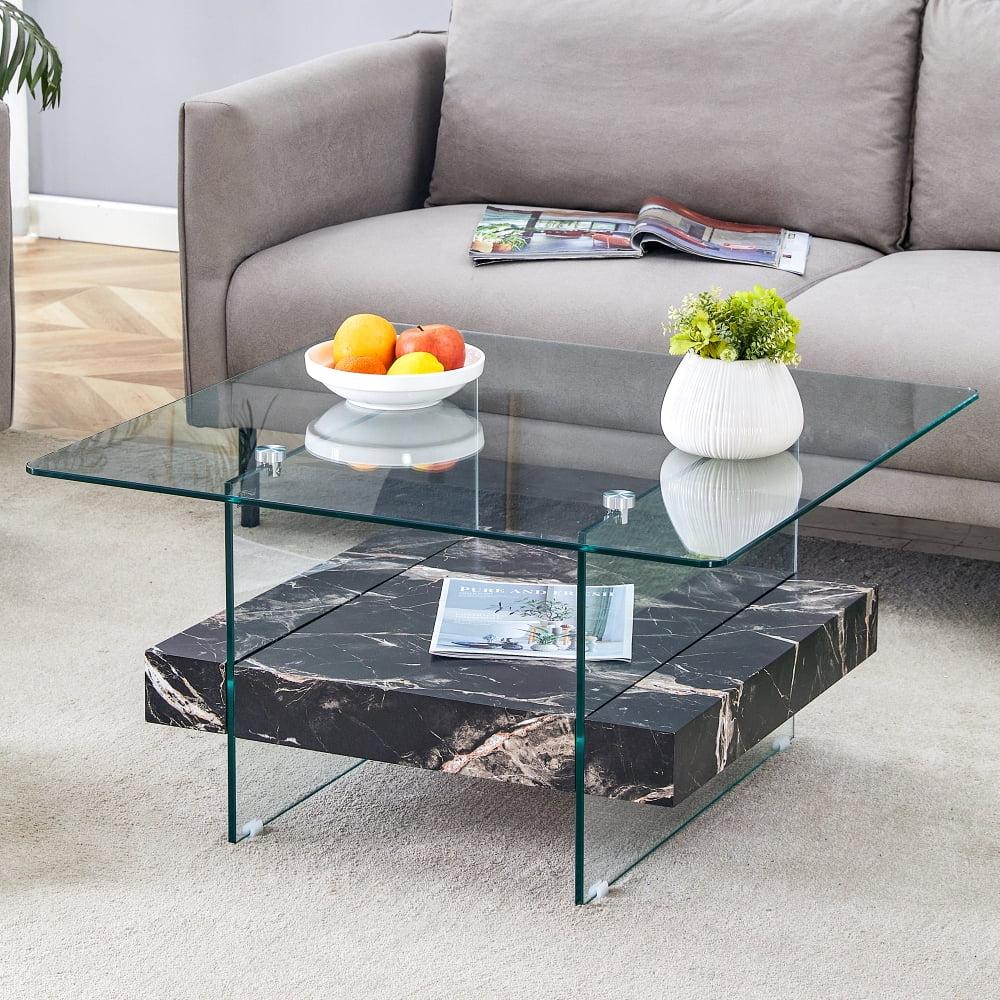 Ivy Bronx 31.4 Inch Modern Two-Tier Square Coffee Table - An Elegant Combination Of Clear Glass And Black Marble Pattern Sticker.It Can Be Used As A Coffee Table,A Side Table Or A Display Stand.