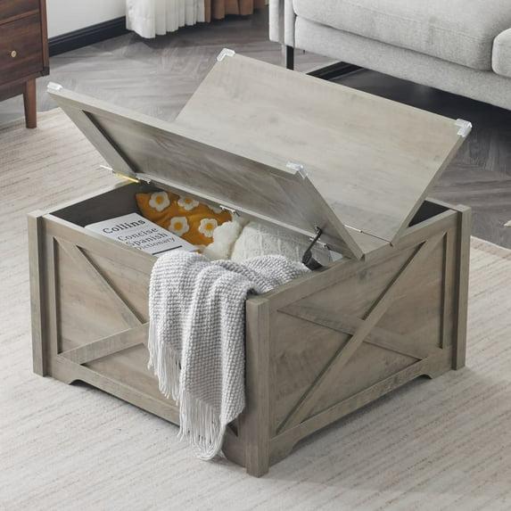 Hassch 31.5" Square Coffee Table with Flip-Top Lid and Hidden Storage Space, Center Table for Living Room, Easy Assembly, Rustic Gray