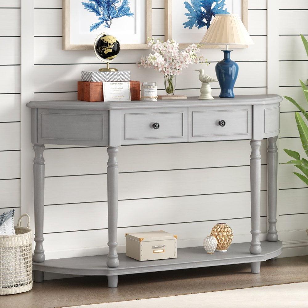 Gray Wash 52" Wood Demilune Console Table with Storage