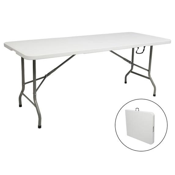 CL.HPAHKL 6 Foot Folding Table with Carrying Handle, Portable Plastic Camping Table Fold in Half, 6 ft Foldable Table with Sturdy Steel Frame for Indoor Outdoor Camping, Picnic and Party, White