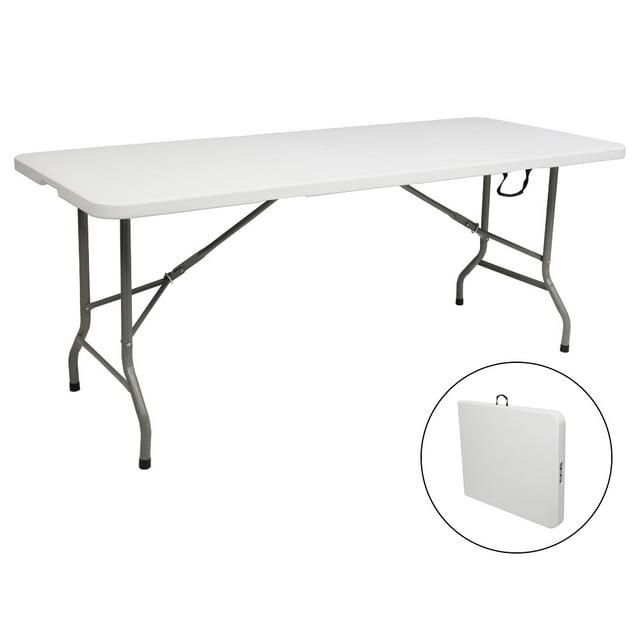 CL.HPAHKL 6 Foot Folding Table with Carrying Handle, Portable Plastic Camping Table Fold in Half, 6 ft Foldable Table with Sturdy Steel Frame for Indoor Outdoor Camping, Picnic and Party, White