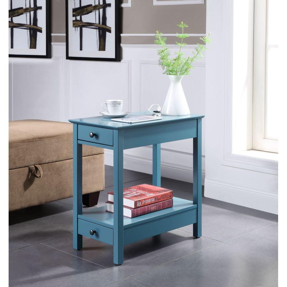 Byzad Side Table with USB Charging Dock Teal - Acme Furniture: Modern Storage, Drawer, Shelves, MDF Wood