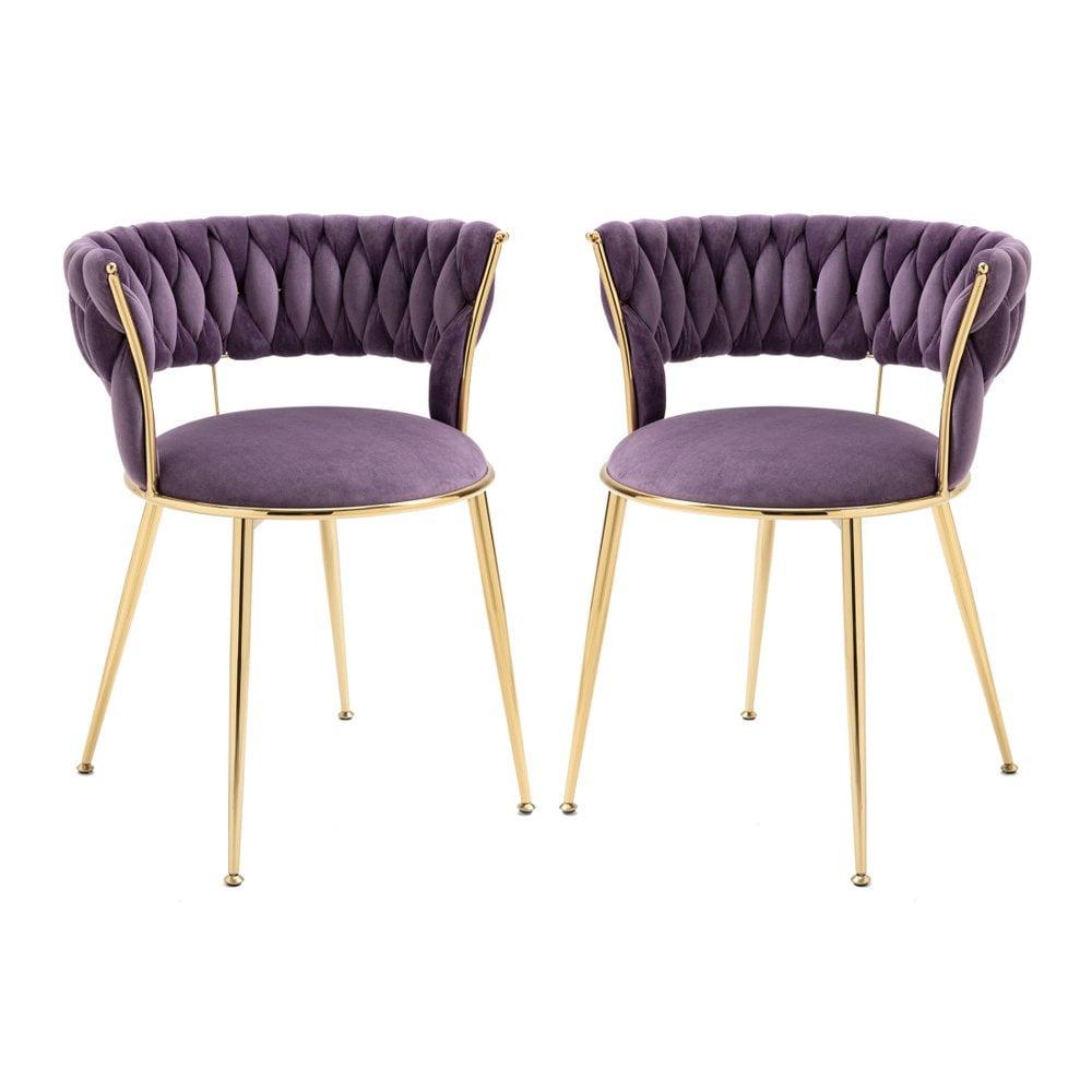 Purple Velvet Upholstered Dining Chairs with Gold Metal Legs, Set of 2