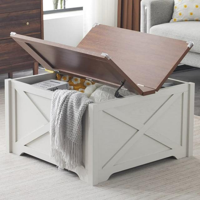 Hassch Farmhouse Coffee Table with Hidden Storage Space, 31.5" Square Cocktail Table with Flip-Top Lid, Rustic Center Table for Living Room, Brown & White
