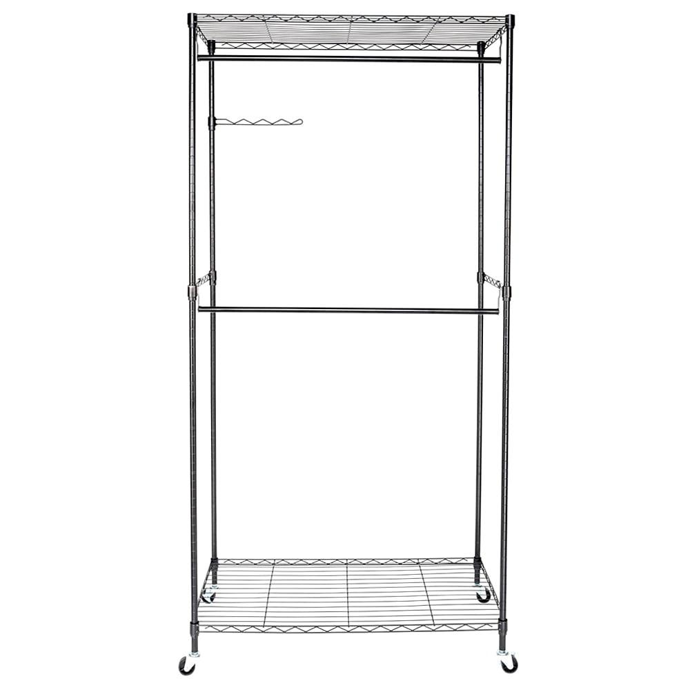 Hassch Garment Rack with Storage Shelves, Heavy Duty Rolling Free-Standing Clothing Rack Closet Organizer with Double Rods/Lockable Wheels, Black