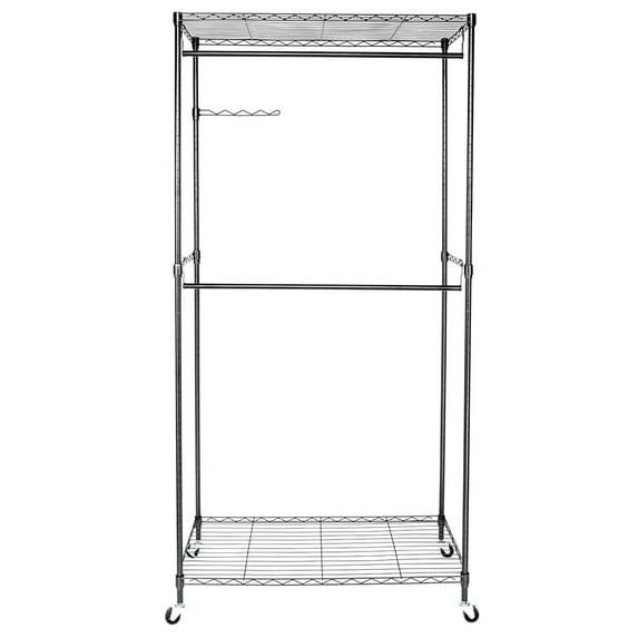 Hassch Garment Rack with Storage Shelves, Heavy Duty Rolling Free-Standing Clothing Rack Closet Organizer with Double Rods/Lockable Wheels, Black