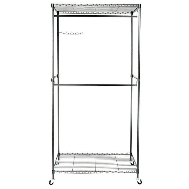Hassch Garment Rack with Storage Shelves, Heavy Duty Rolling Free-Standing Clothing Rack Closet Organizer with Double Rods/Lockable Wheels, Black