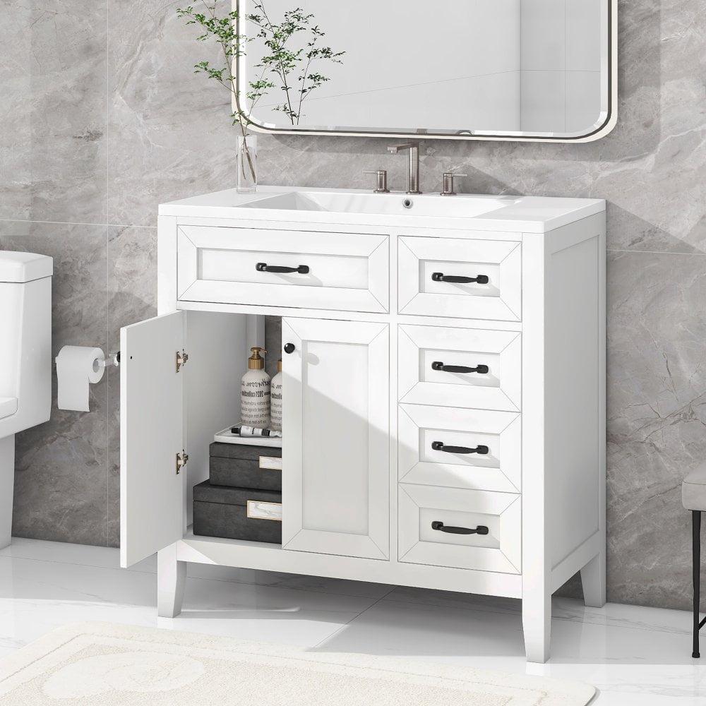 White 36" Freestanding Bathroom Vanity with Ceramic Sink and MDF Cabinet