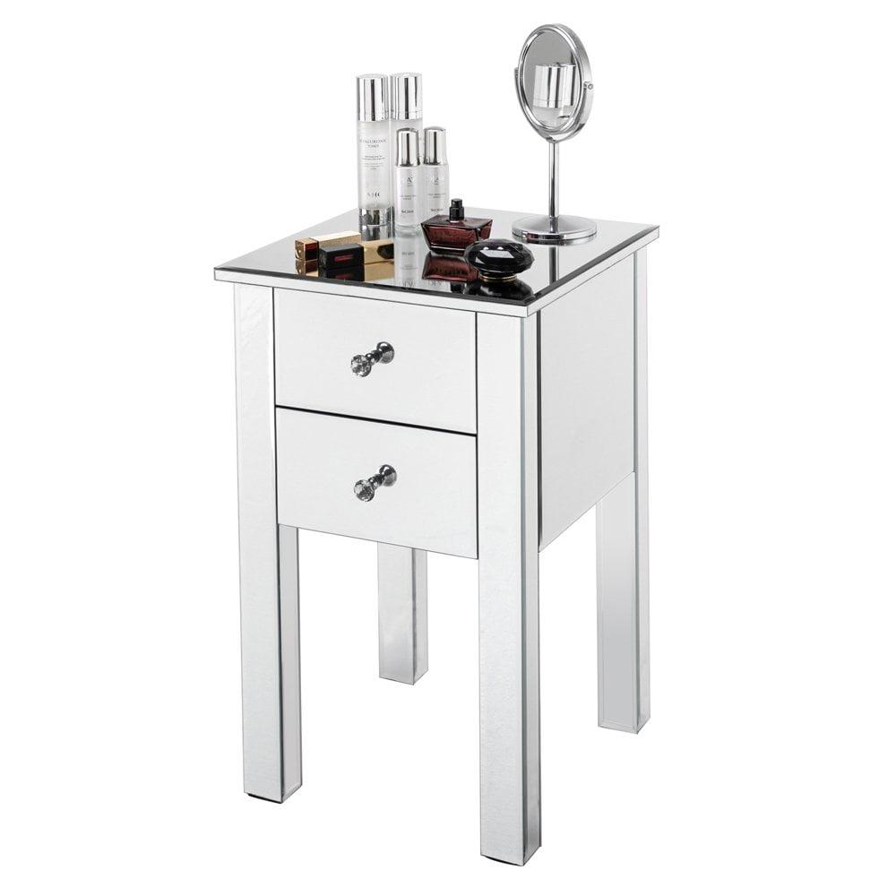 Silver Mirrored 2-Drawer Nightstand with Crystal Knobs