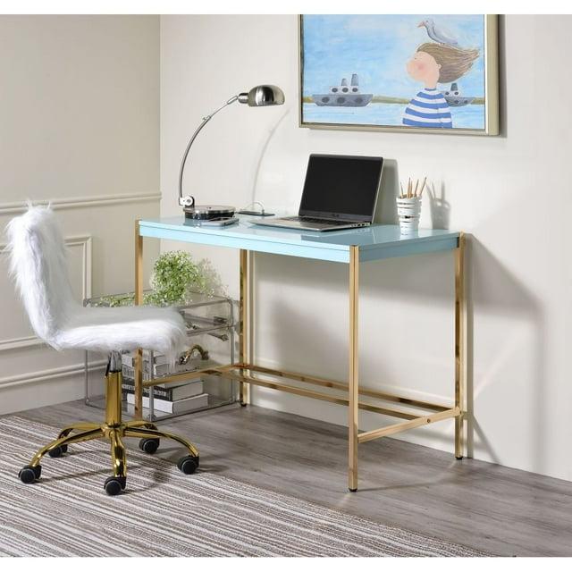 42" Midriaks Writing Desk Baby Blue/Gold Finish - Acme Furniture: Chic Office Furniture with USB Ports