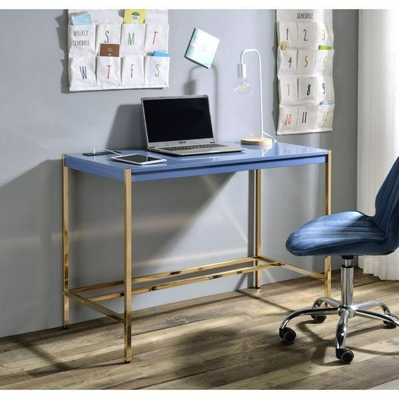 42" Midriaks Writing Desk Navy Blue/Gold Finish - Acme Furniture: Chic Office Furniture with USB Ports