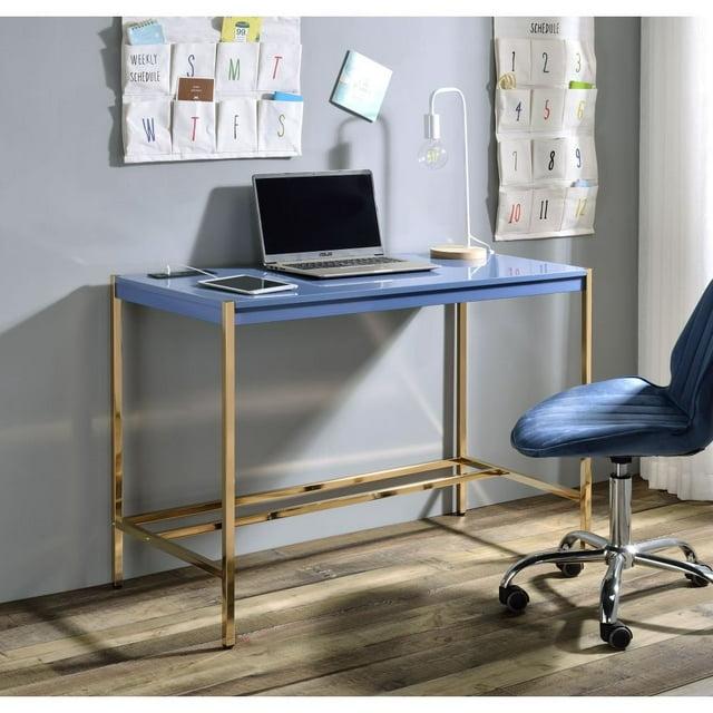 42" Midriaks Writing Desk Navy Blue/Gold Finish - Acme Furniture: Chic Office Furniture with USB Ports
