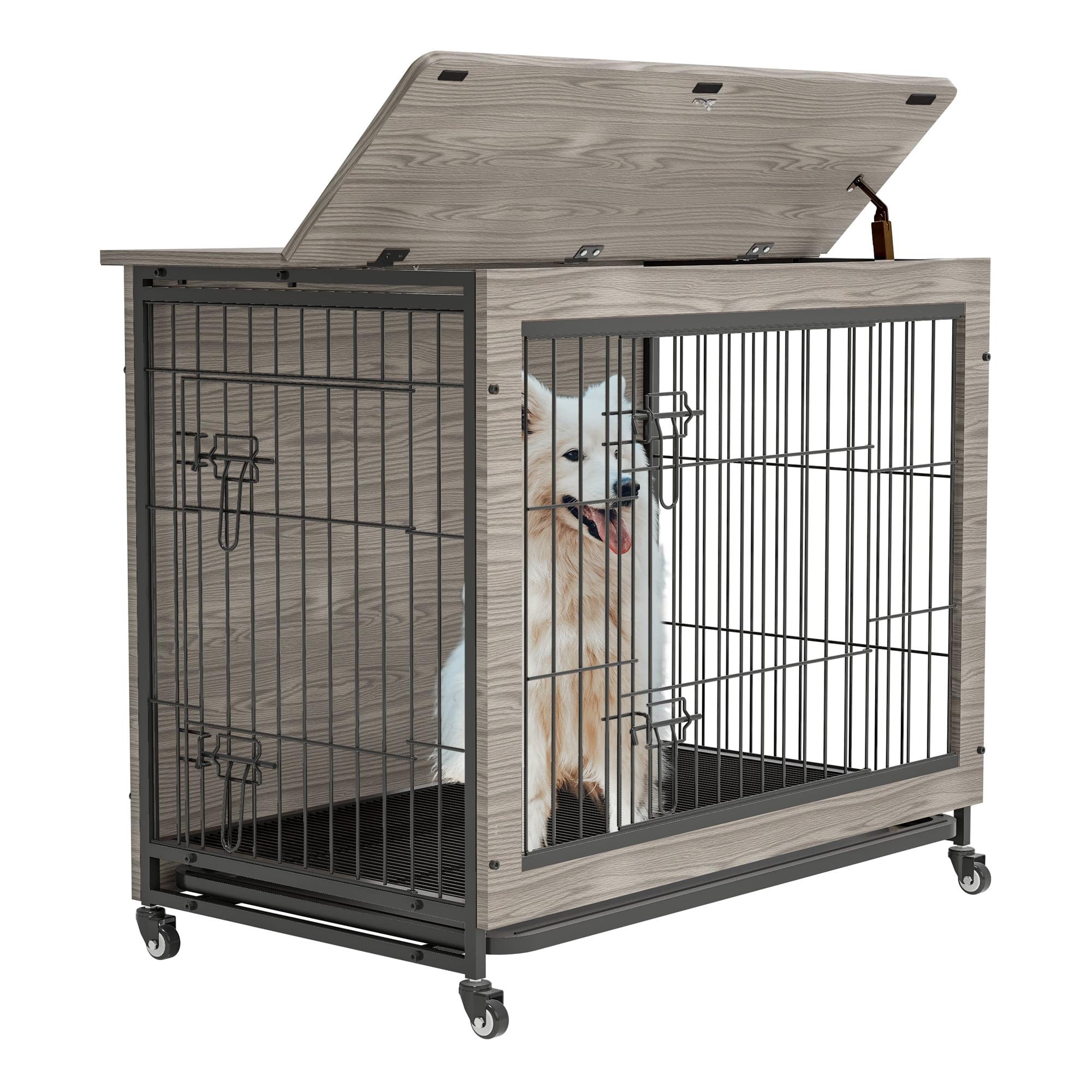 Gray 38" Wooden Dog Crate Table with Iron Bars