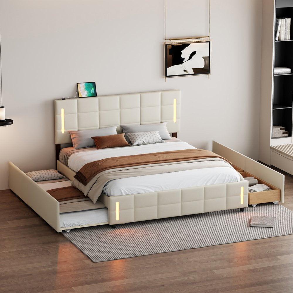 Beige Queen Linen Upholstered Platform Bed with LED Headboard and Storage