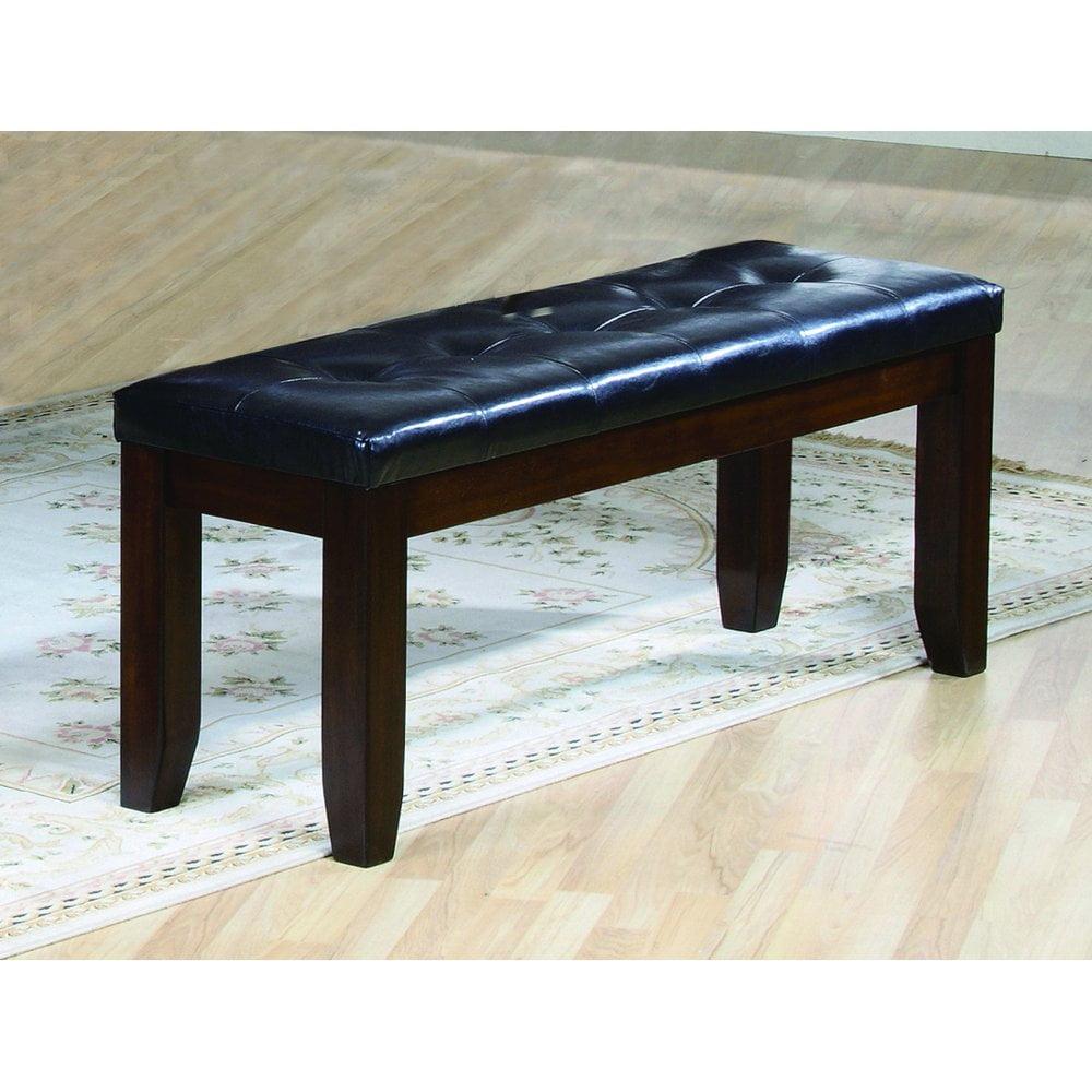 Black Faux Leather Tufted Bench with Dark Cherry Wood