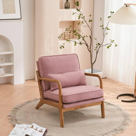 George Oliver Lemley Mid Century Solid Wood Accent Chair Upholstered Armchair with an Extra Pillow