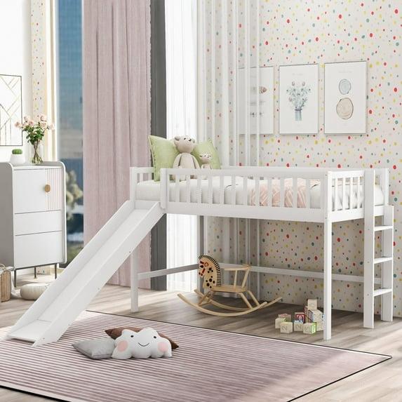 Twin Loft Bed with Slide,Wood Loft Bed Low Profile for Boys Girls, Built-in Ladder and Guard Rail,No Box Spring Needed
