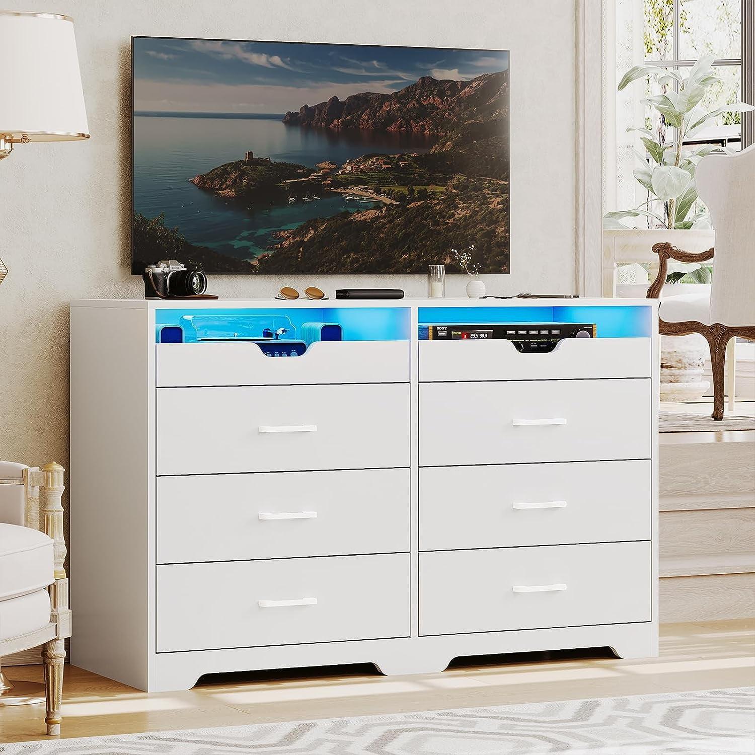 6 Drawers Dresser with LED Lights&Pull-Out Tray for Bedroom,Modern Double Dresser Chest of Drawers Storage Organizer for Living Room, White