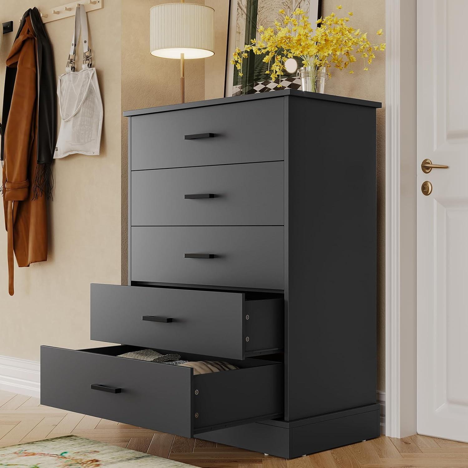 Black Tall 5-Drawer Wooden Dresser with Sturdy Base