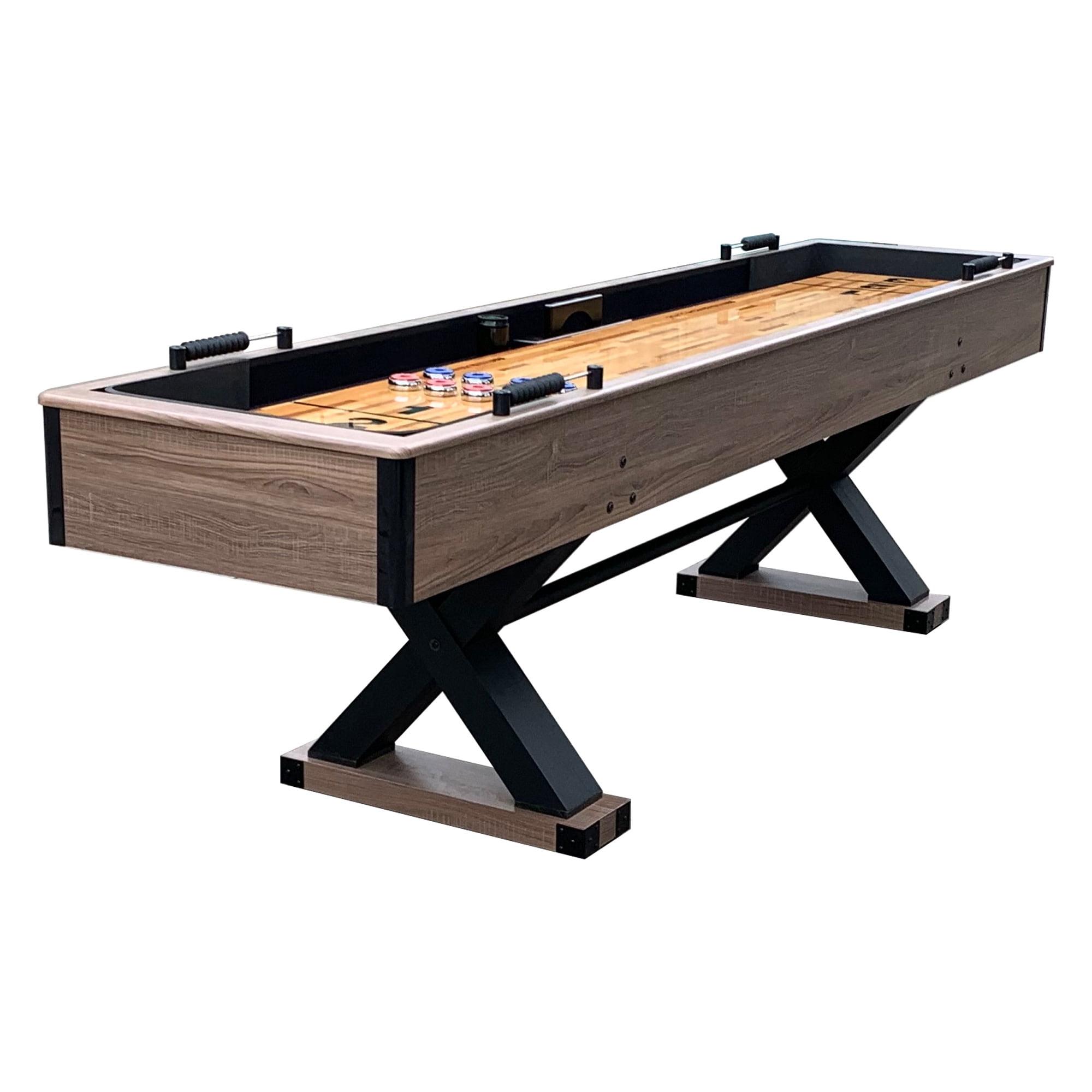 Hathaway Excalibur 9 Ft Shuffleboard Table for Arcade Game Room - With Poly-Coated Playfield, Built-In Abacus Scorer & Cabinet, Padded Gutters, X-Pattern Legs, 8 Pucks, Brush & Wax - Driftwood Finish