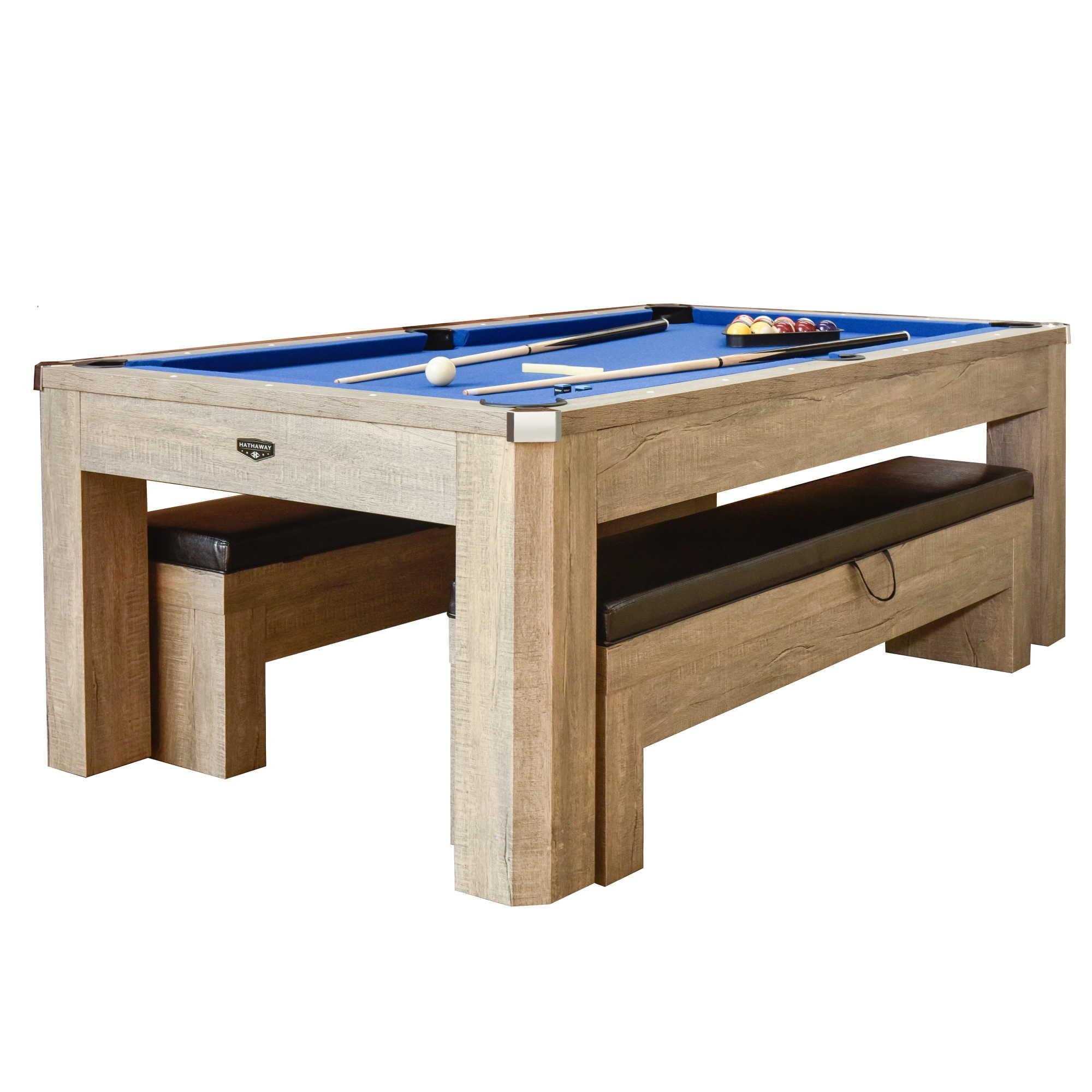 Hathaway Newport Stylish 7 Ft Multi Game Pool Table Combo with Dining Top and Ping Pong – Includes Benches for Home Storage and Accessories