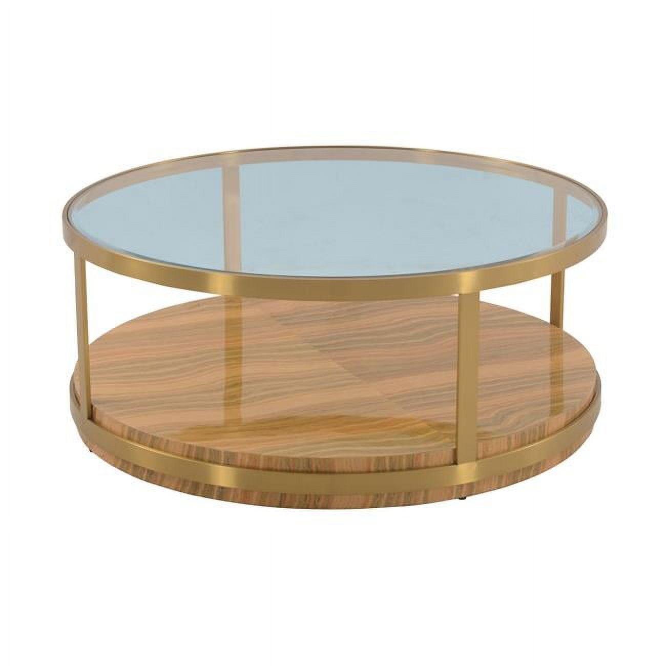 Hattie 43" Round Glass and Wood Coffee Table with Gold Storage Shelf