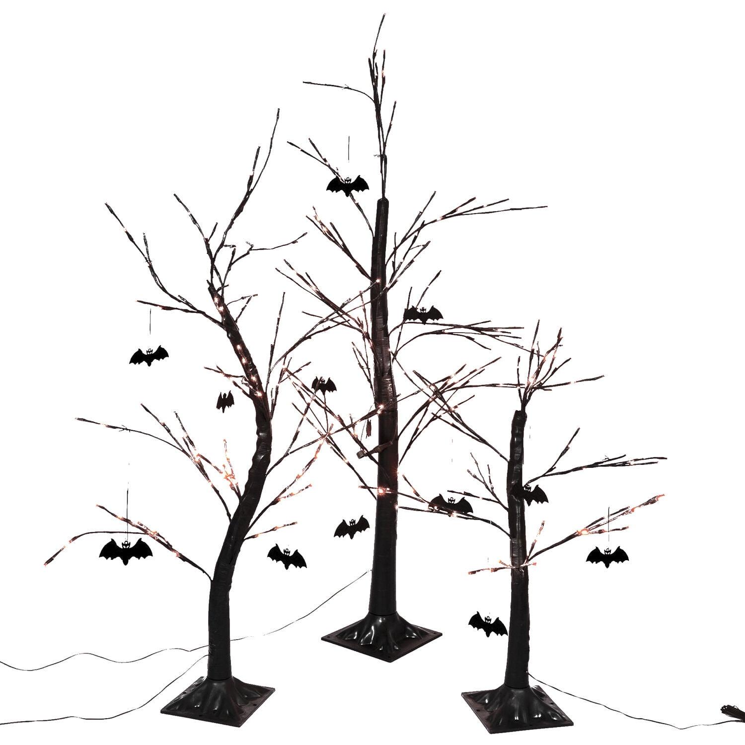 Set of 3 Black Halloween Trees with Orange LED Lights