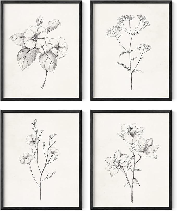 HAUS AND HUES Grey Floral Wall Art - Set of 4 Plant Posters for Wall Vintage, Botanical Prints, Black and White Wall Art Flower Pictures for Room Aesthetic, Farmhouse Bathroom Art (8x10, Unframed)