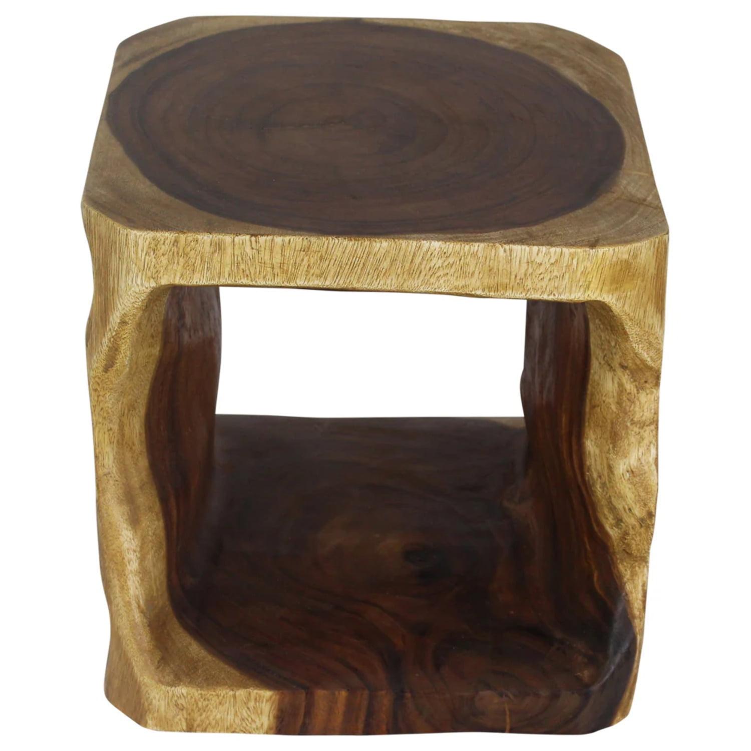 Natural Monkey Pod Wood Cube End Table with Golden Oak Finish