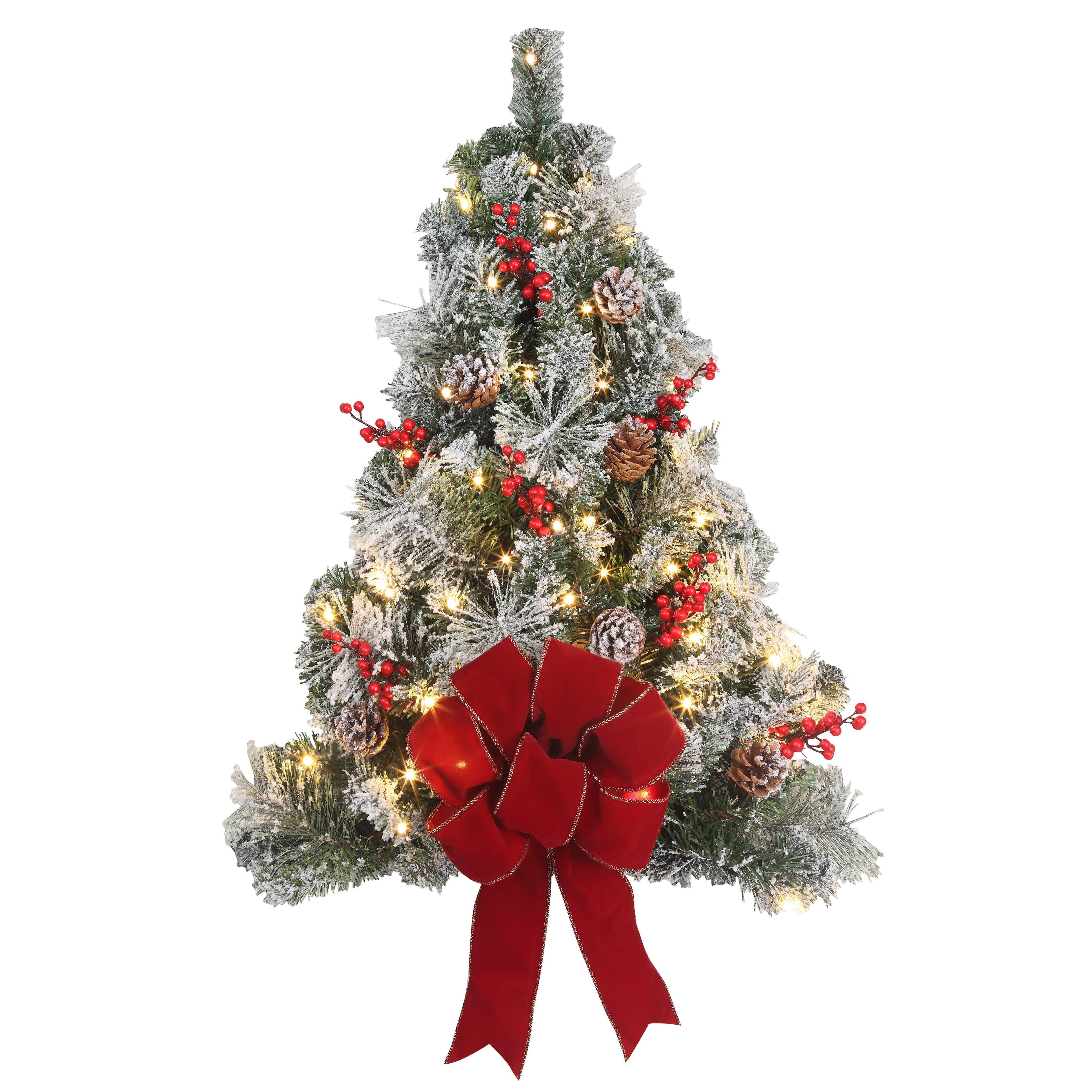 28" Pre-lit Flocked Hanging Christmas Tree with Red Bow