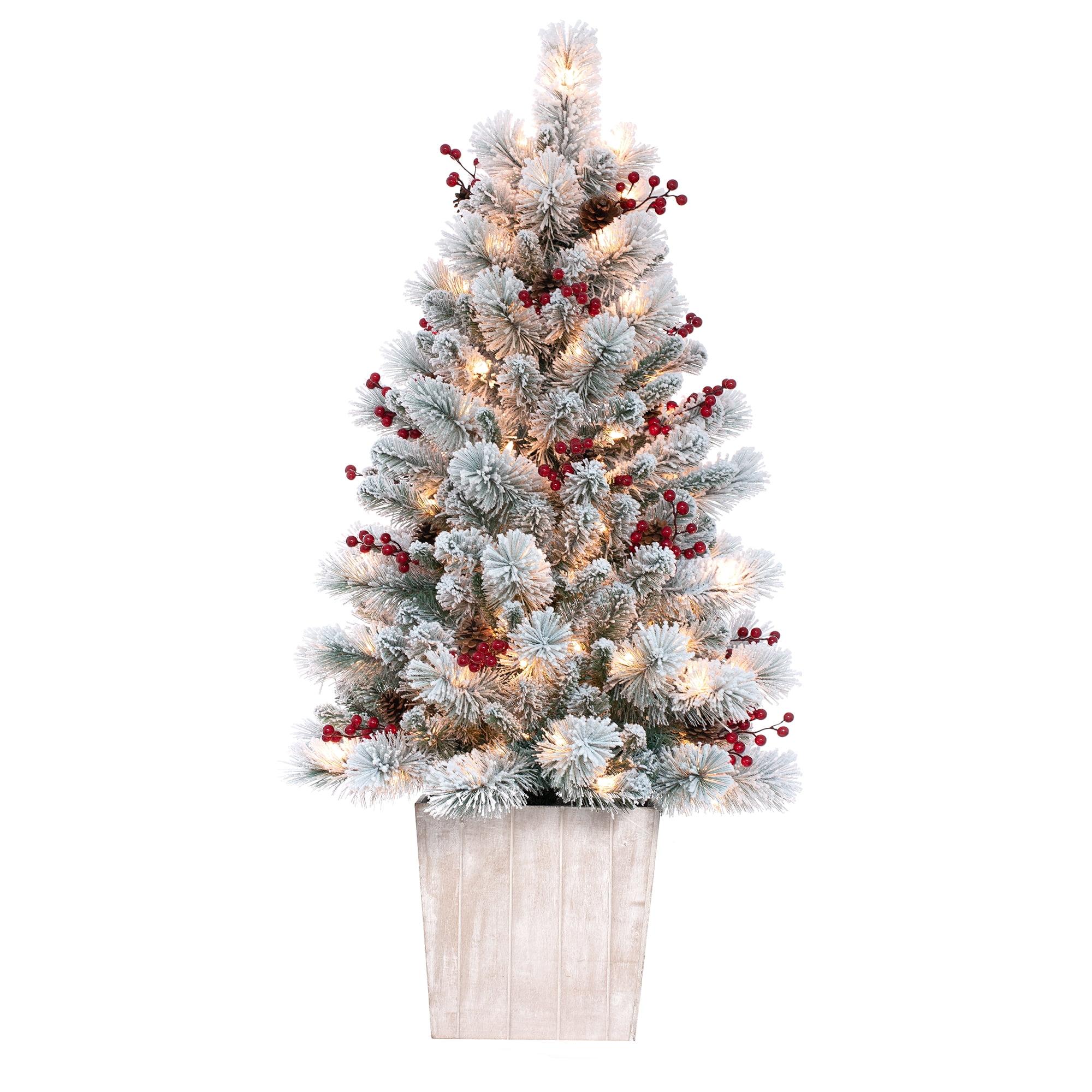 4ft Pre-Lit Flocked Ashcroft Fir Potted Artificial Christmas Tree - Haute Décor: Indoor Decor, Incandescent Lights