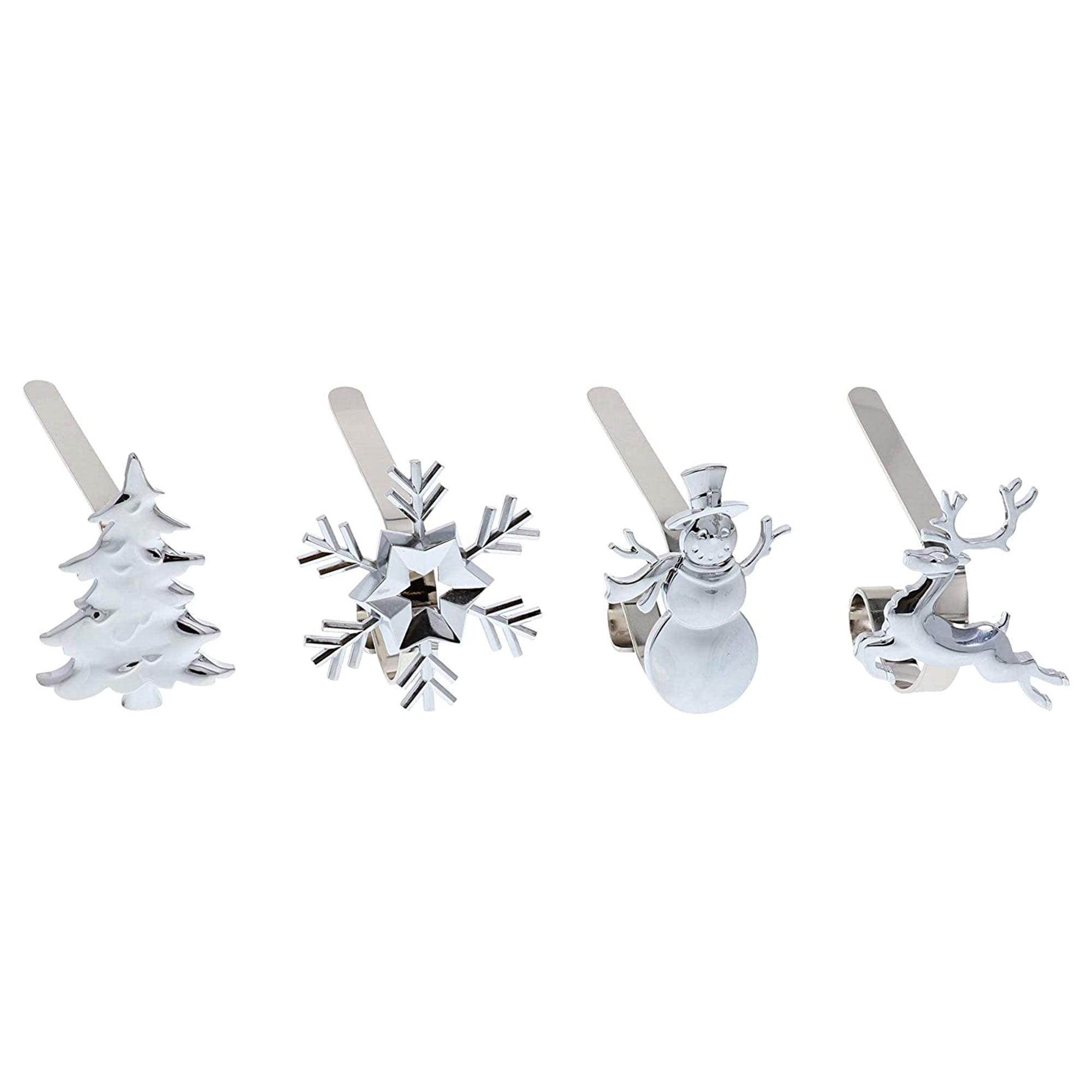 Silver Metal MantleClip Stocking Holders with Holiday Icons, Set of 4