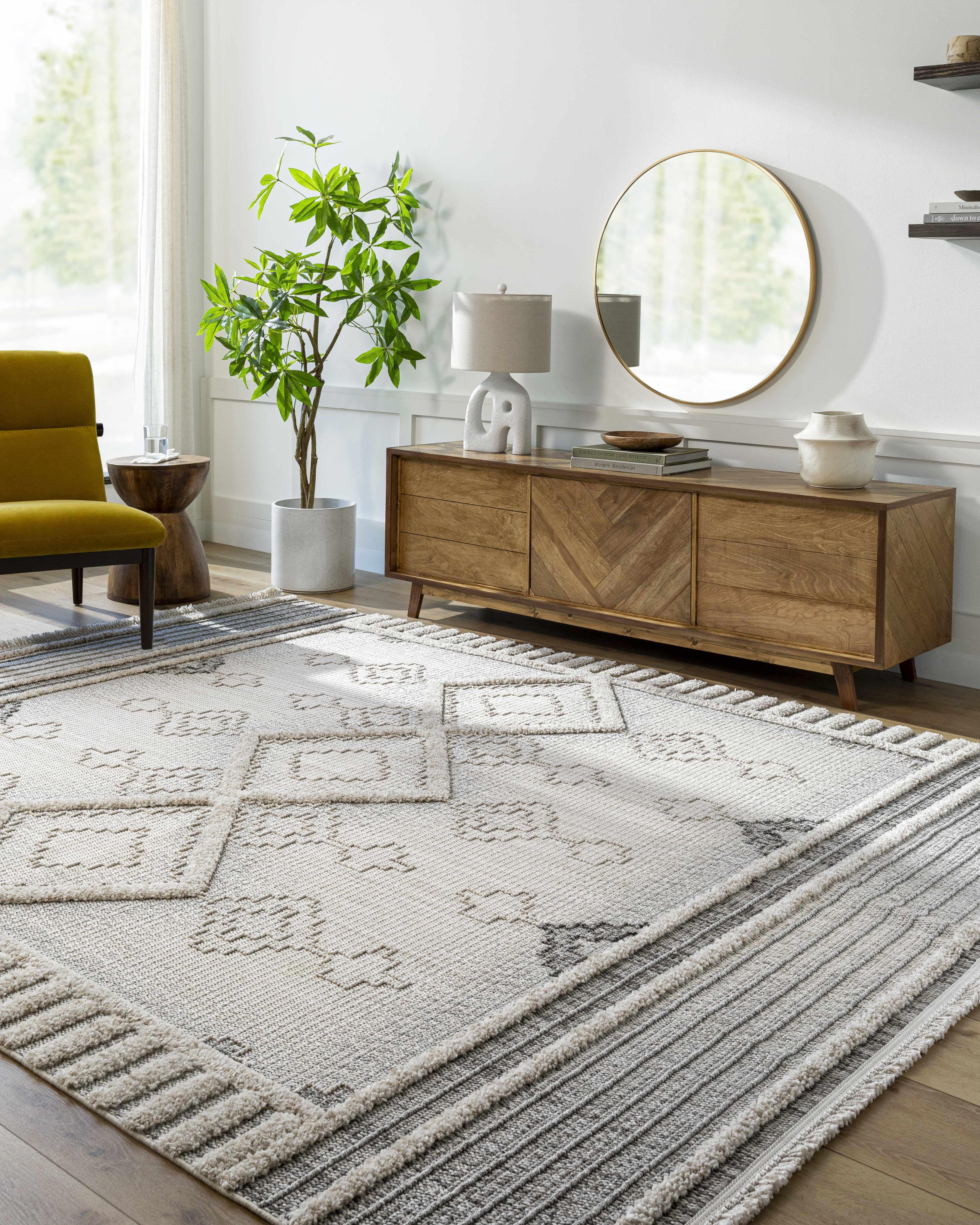 Amaga Gray Geometric High-Low Pile Polyester Area Rug