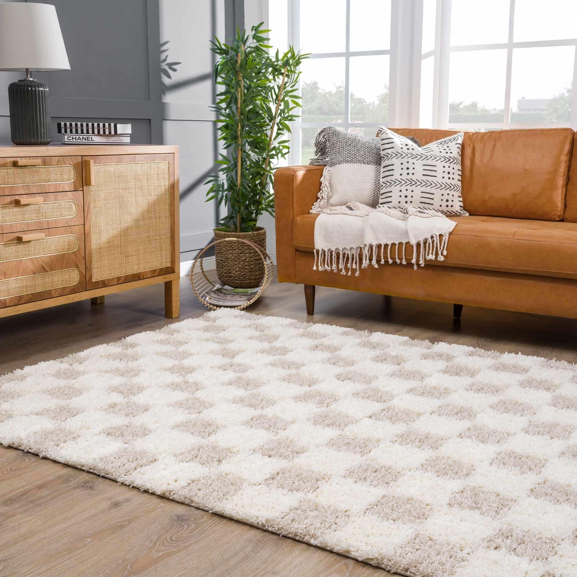 Light Brown and Cream Checkered Shag Area Rug 6'7" x 9'6"