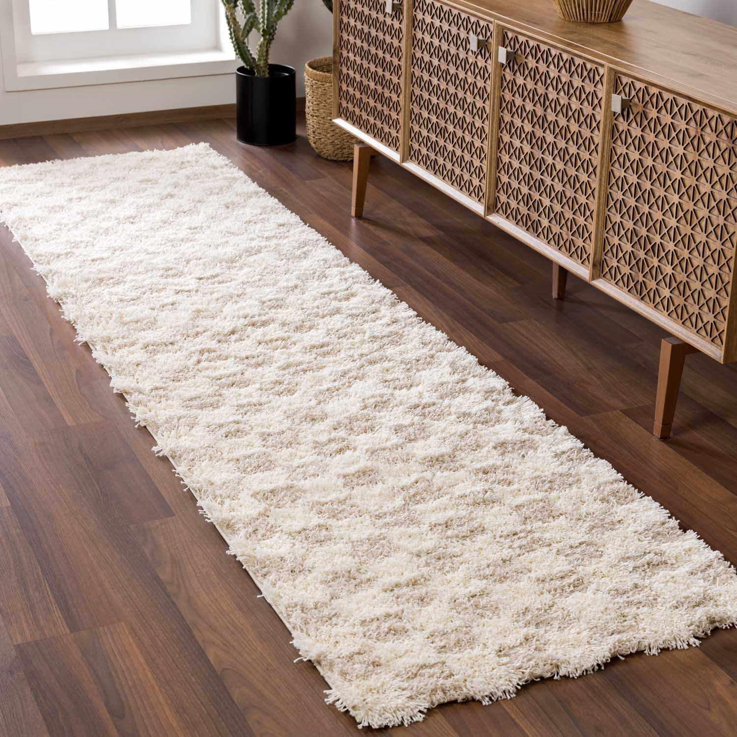 Hauteloom Atira Checkered Shag Runner Rug - Checkboard Design - High Pile Fluffy Shaggy Touch - Square Tiles - Kids Room, Hallway, Bedroom Shag - Beige, Cream, White - 2'7" x 7'3"