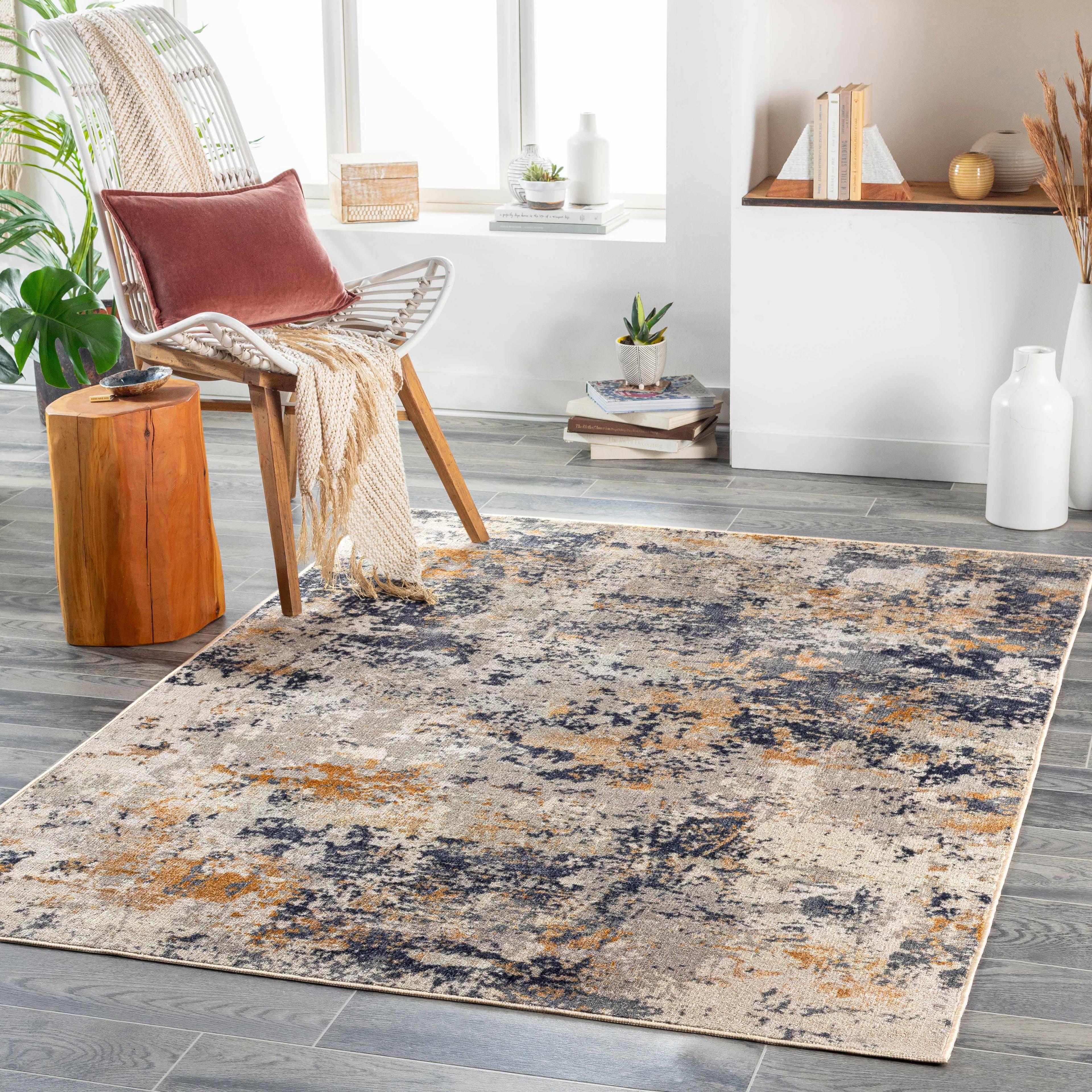 Gray and Mustard Washable Low Pile Area Rug 5'3" x 7'